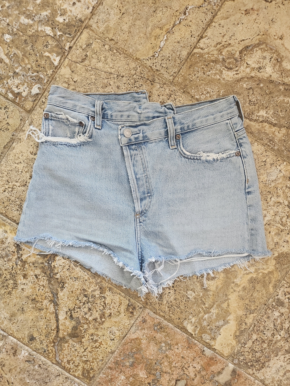 AGOLDE Asymmetrical Light Wash Denim Shorts